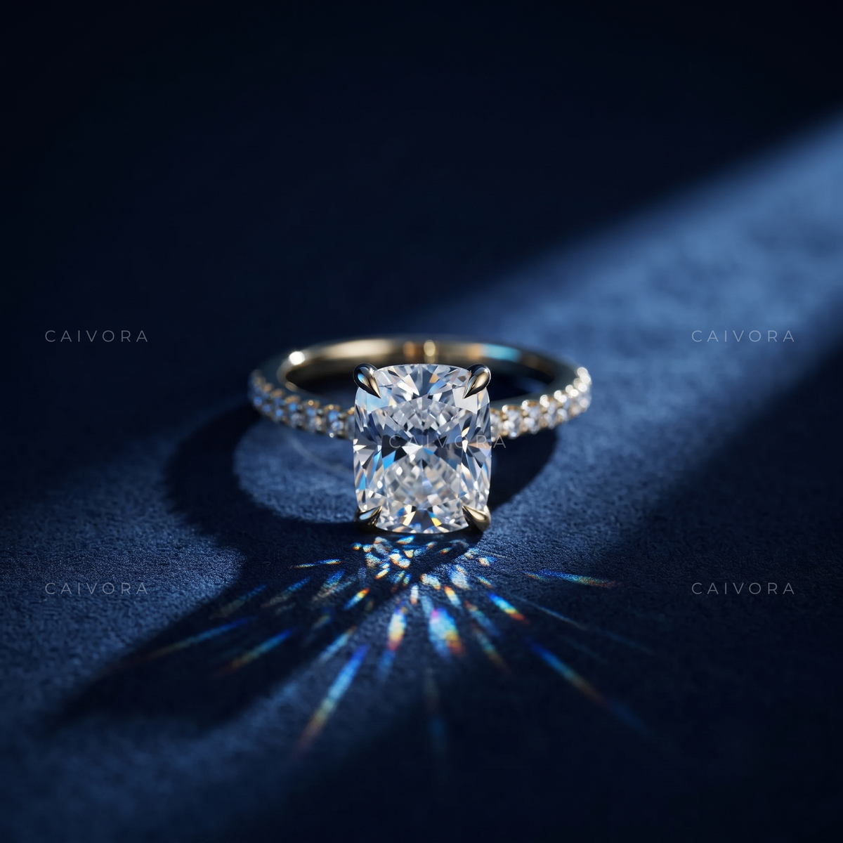 Elongated Cushion Cut Hidden Halo French Pavé Ring