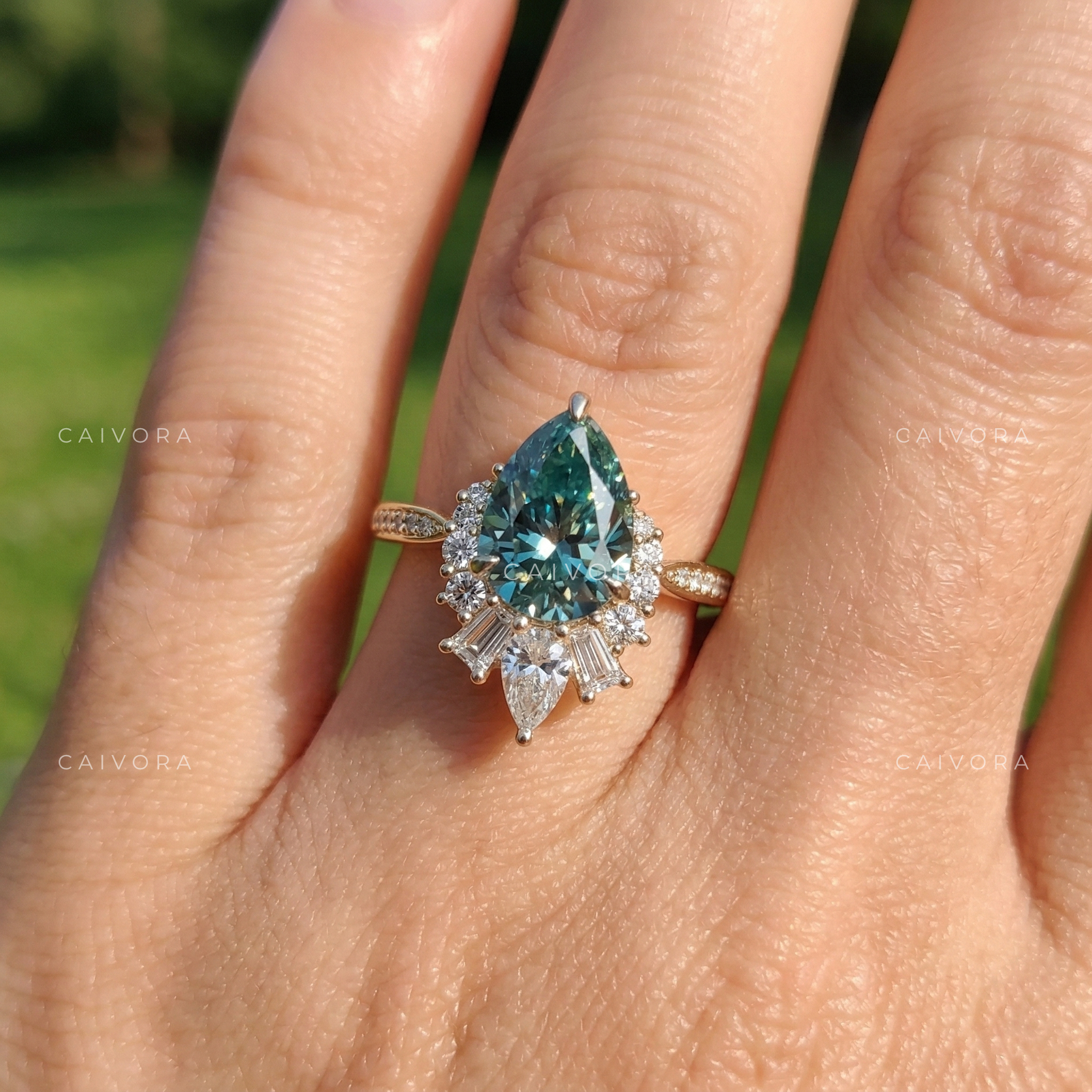 Vintage Green Pear Cut Diamond Engagement Ring