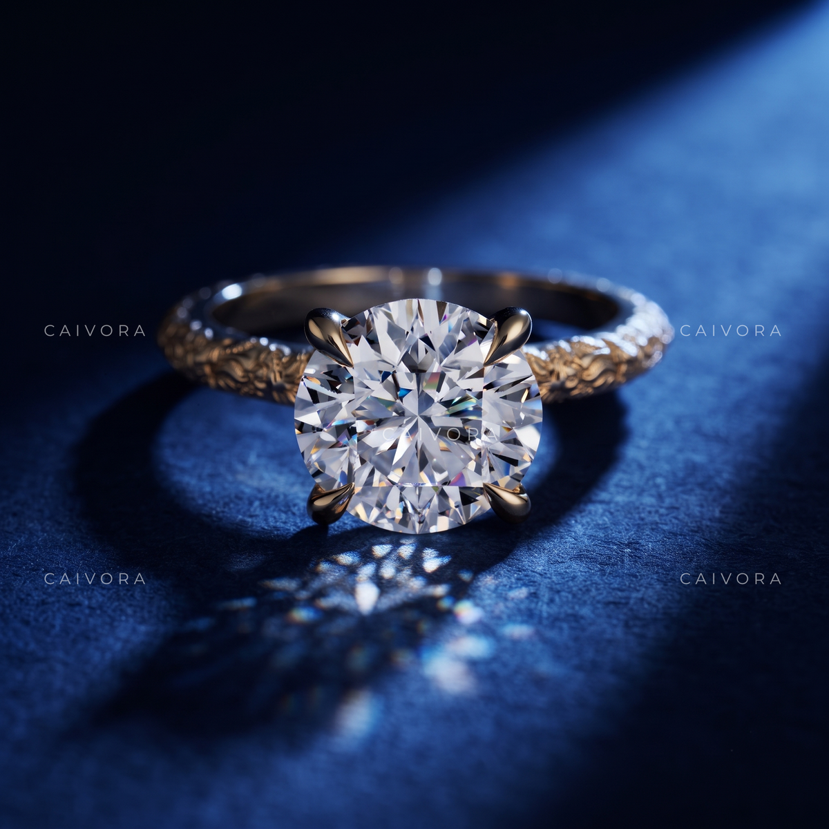 Round Cut Floral Engraved Solitaire Engagement Ring