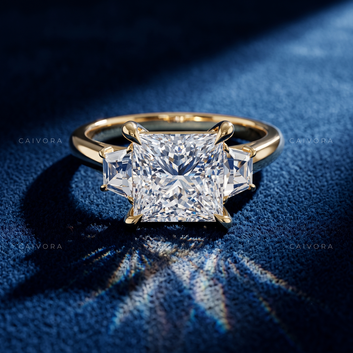 Modern Three Stone Engagement Ring with Princess Diamond & Trapezoid Accents