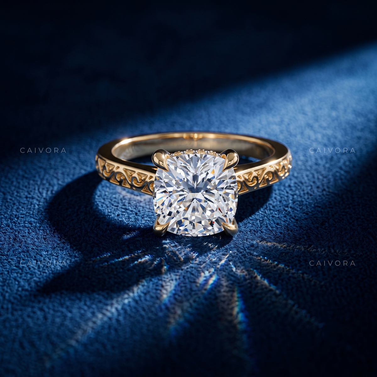 Cushion Cut Diamond Architectural Engagement Ring with Round Accents