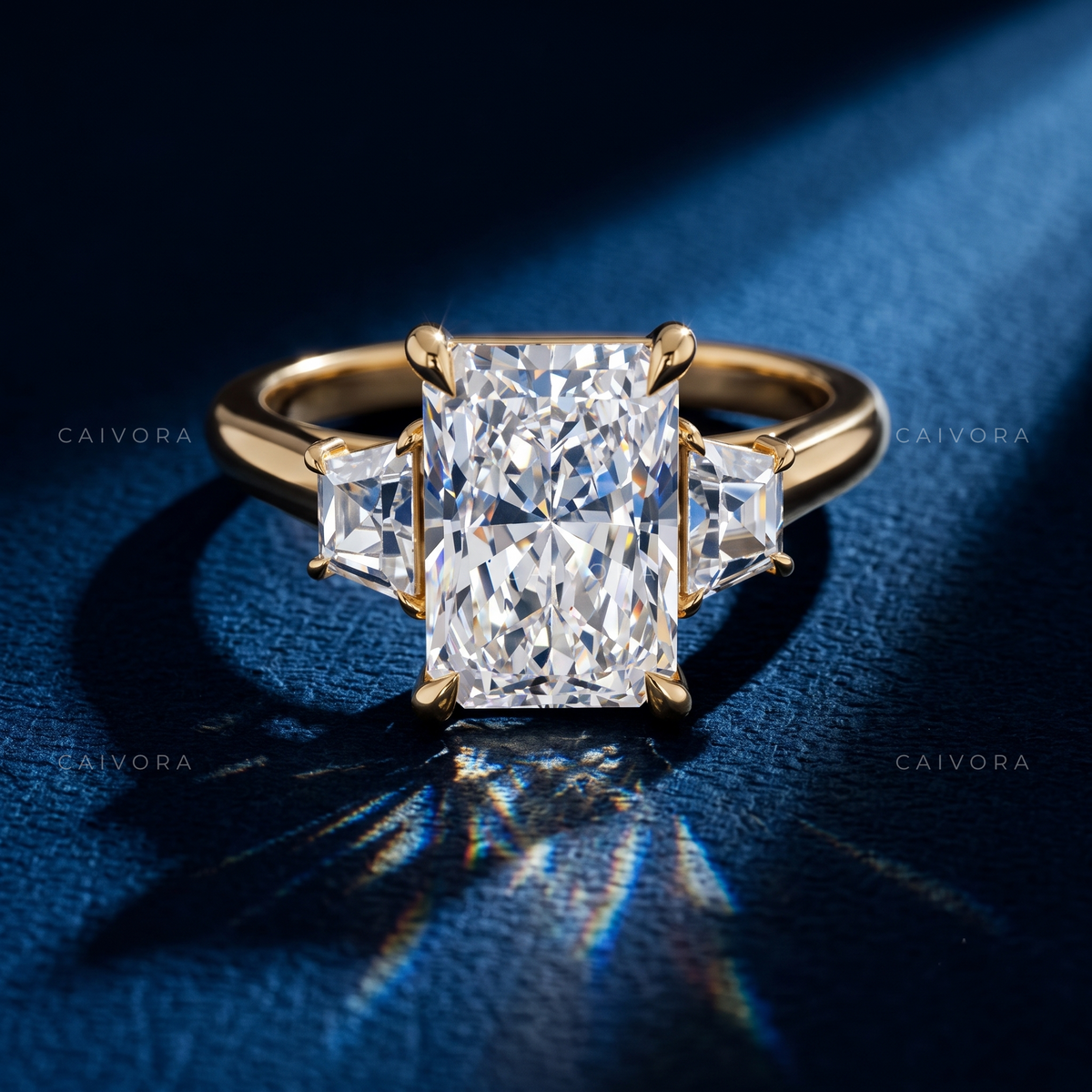 Refined Three Stone Engagement Ring with Radiant Diamond & Trapezoid Accents