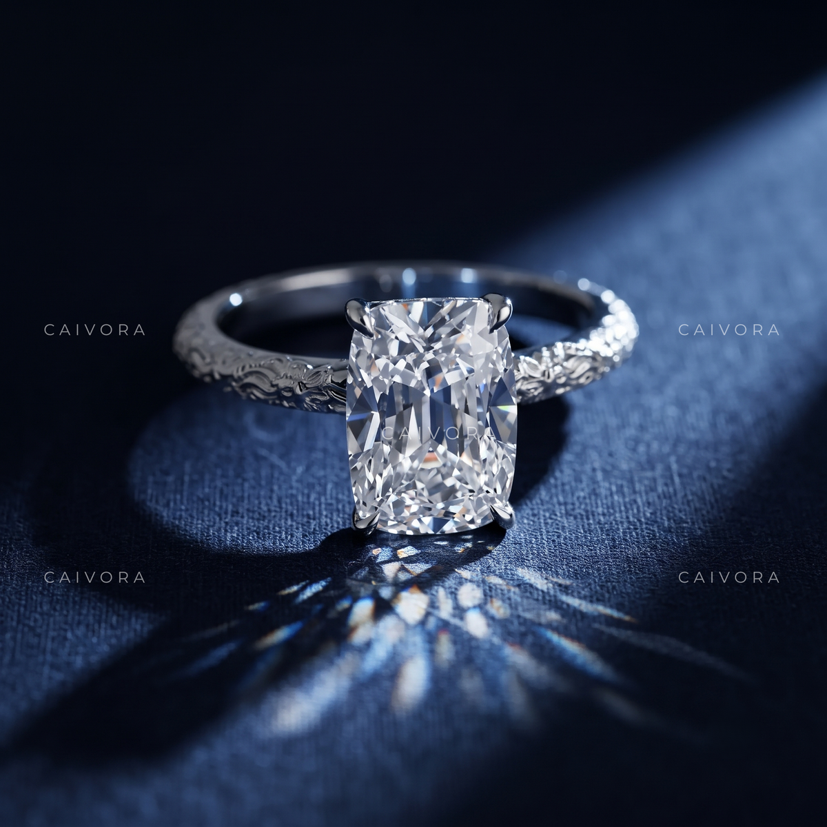 Elongated Cushion Cut Floral Solitaire Engagement Ring