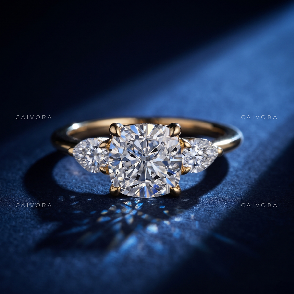 Graceful Three Stone Diamond Ring Featuring a Cushion Cut Center