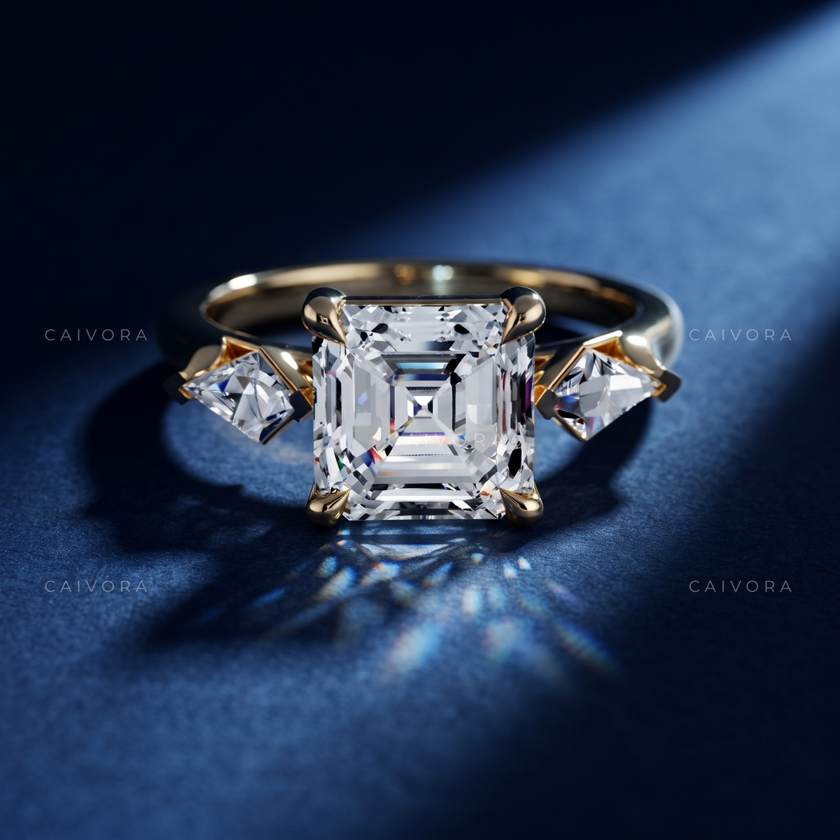 Modern Three Stone Engagement Ring with Asscher Diamond & Kite Accents
