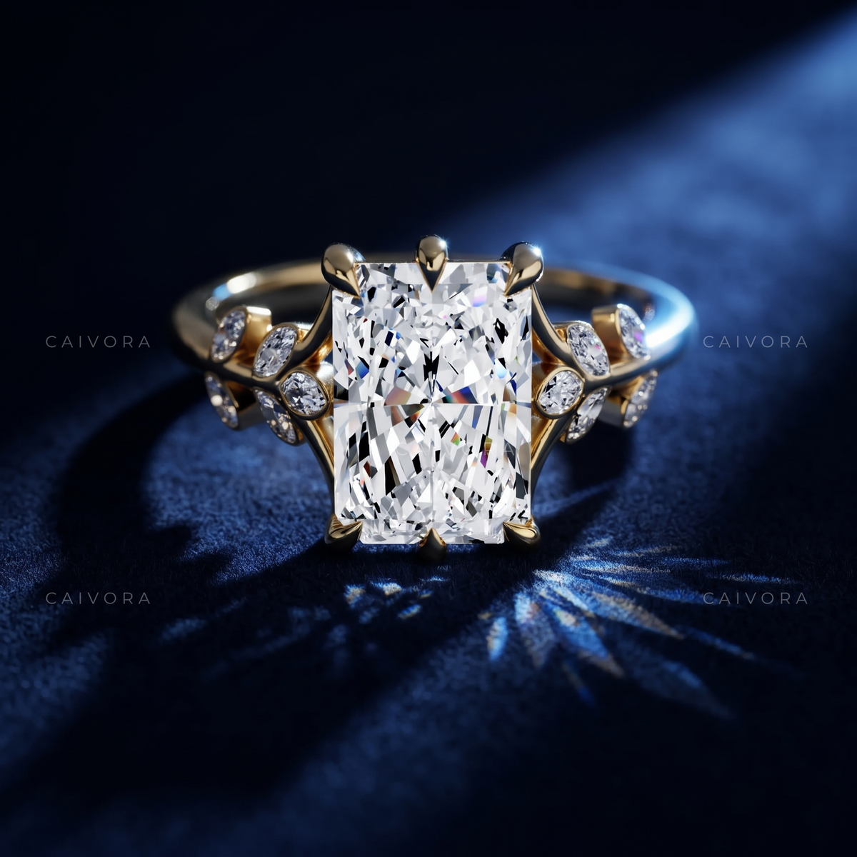 Radiant Cut Floral Engagement Ring with Marquise Accents