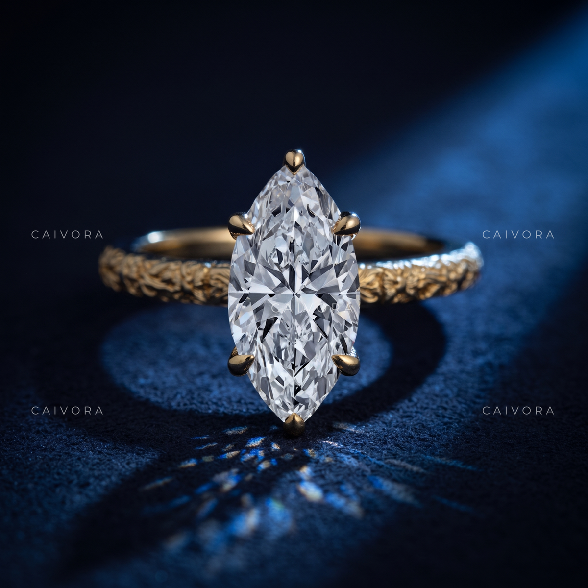 Marquise Cut Floral Engraved Solitaire Engagement Ring