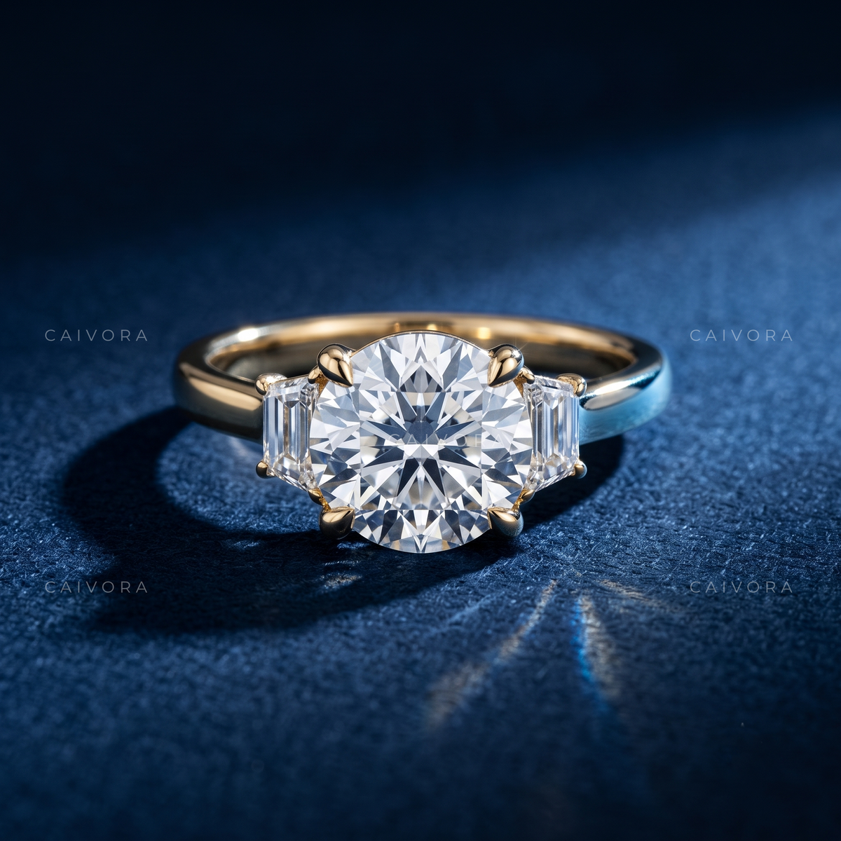 Signature Three Stone Diamond Ring with Round Center & Trapezoid Accents