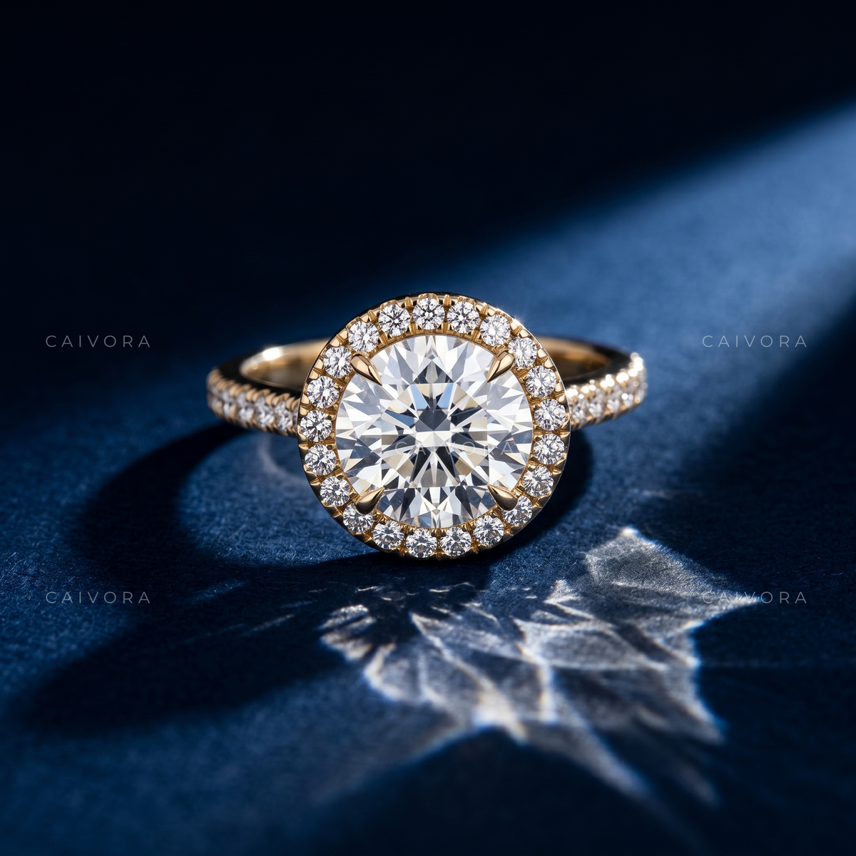 Classic Halo Engagement Ring with Round Diamond & Pavé Accents
