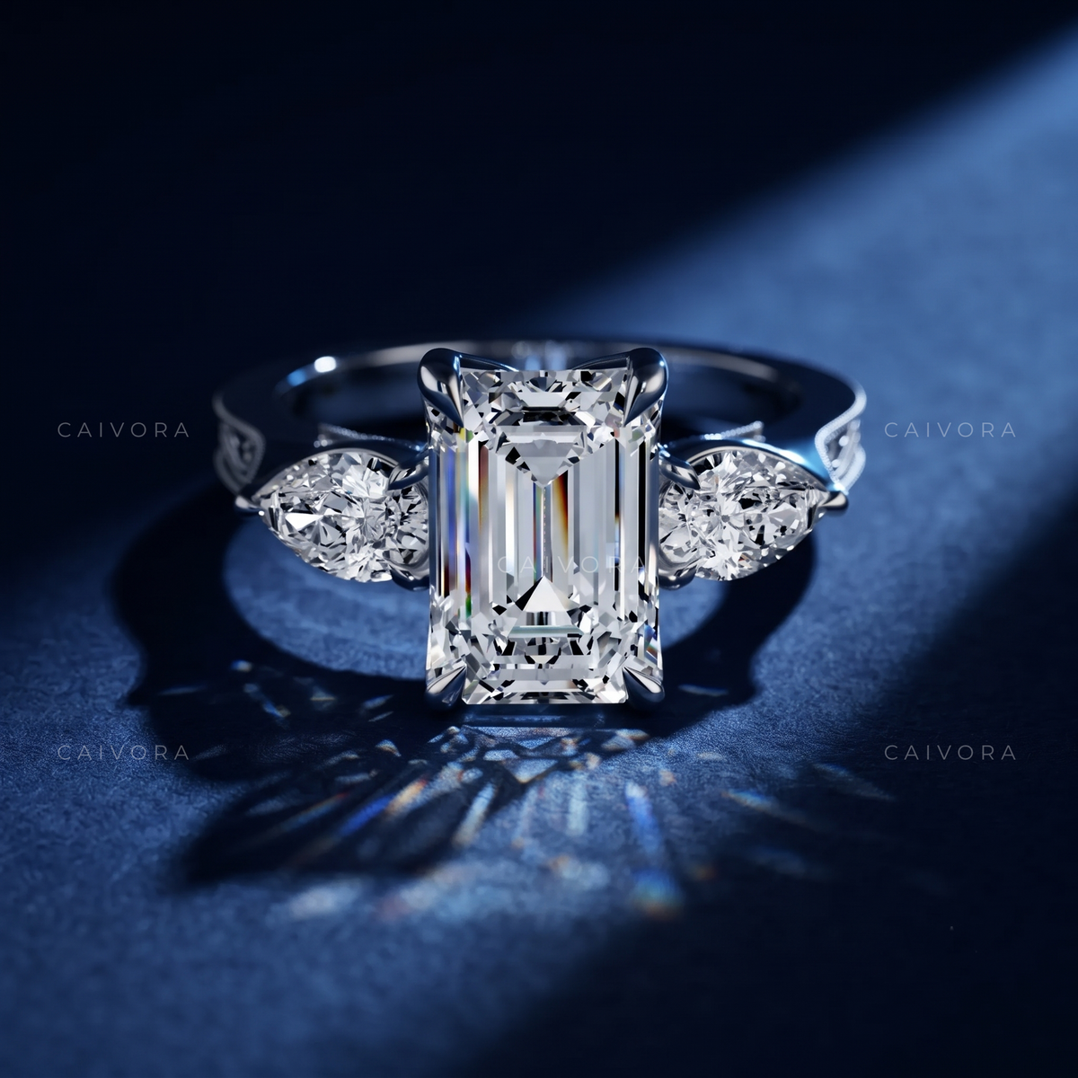 Emerald Cut Tulip Setting Engagement Ring with Diamond Accents