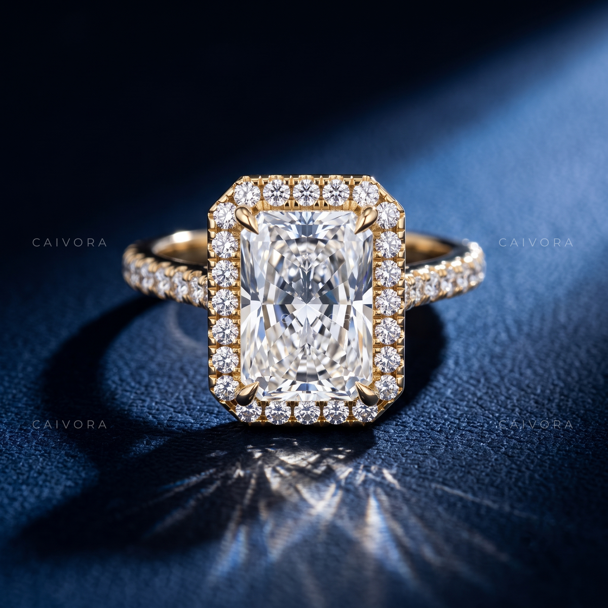 Modern Halo Engagement Ring with Radiant Diamond & Pavé Accents