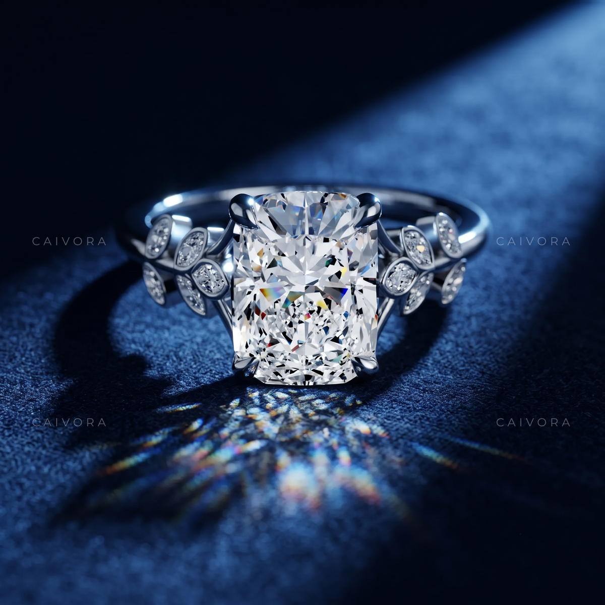 Cushion Cut Floral Engagement Ring with Marquise Accents