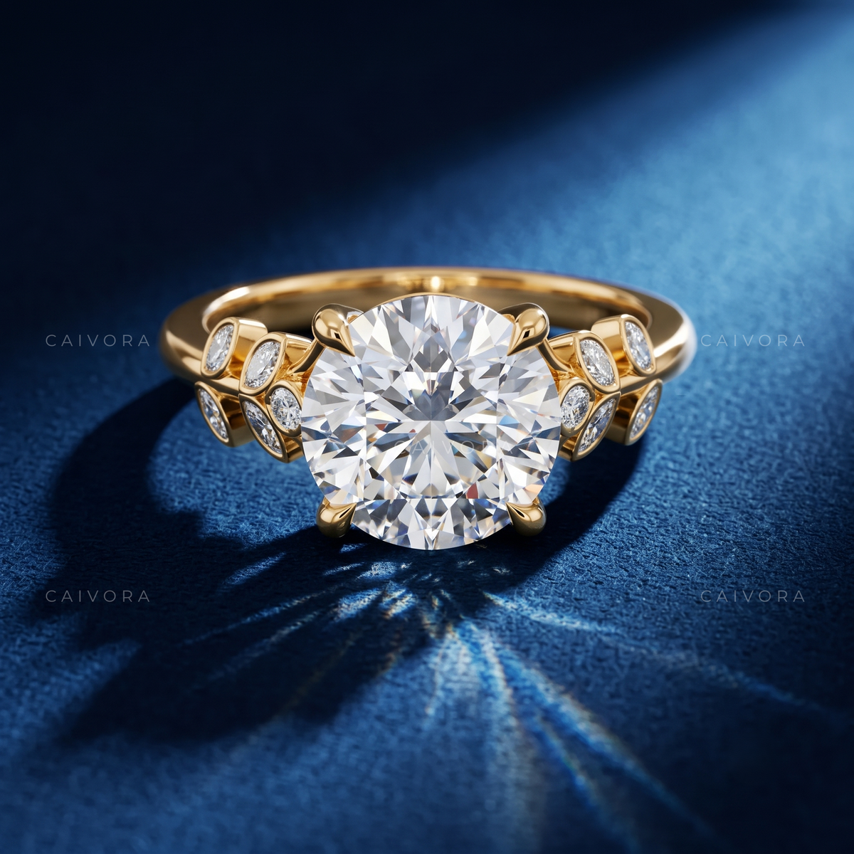 Round Diamond Floral Engagement Ring with Marquise Accents