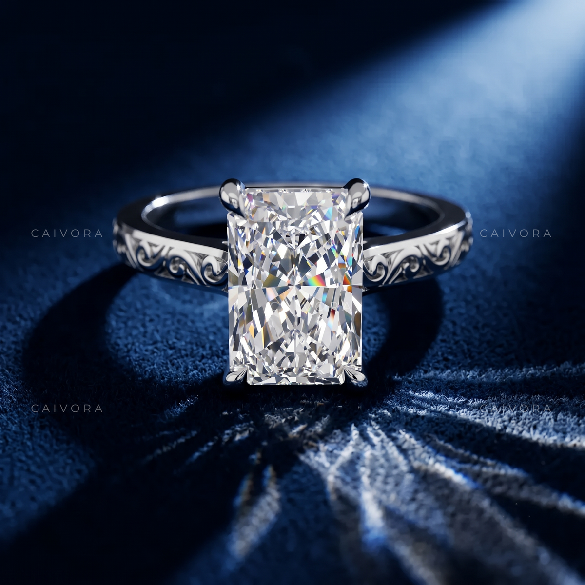 Radiant Cut Diamond Architectural Engagement Ring with Round Accents
