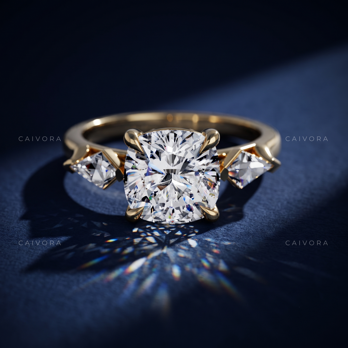 Refined Three Stone Engagement Ring with Cushion Diamond & Kite Accents