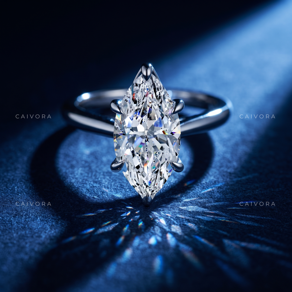 Distinctive Tapered Cathedral Engagement Ring with a Marquise Cut Diamond