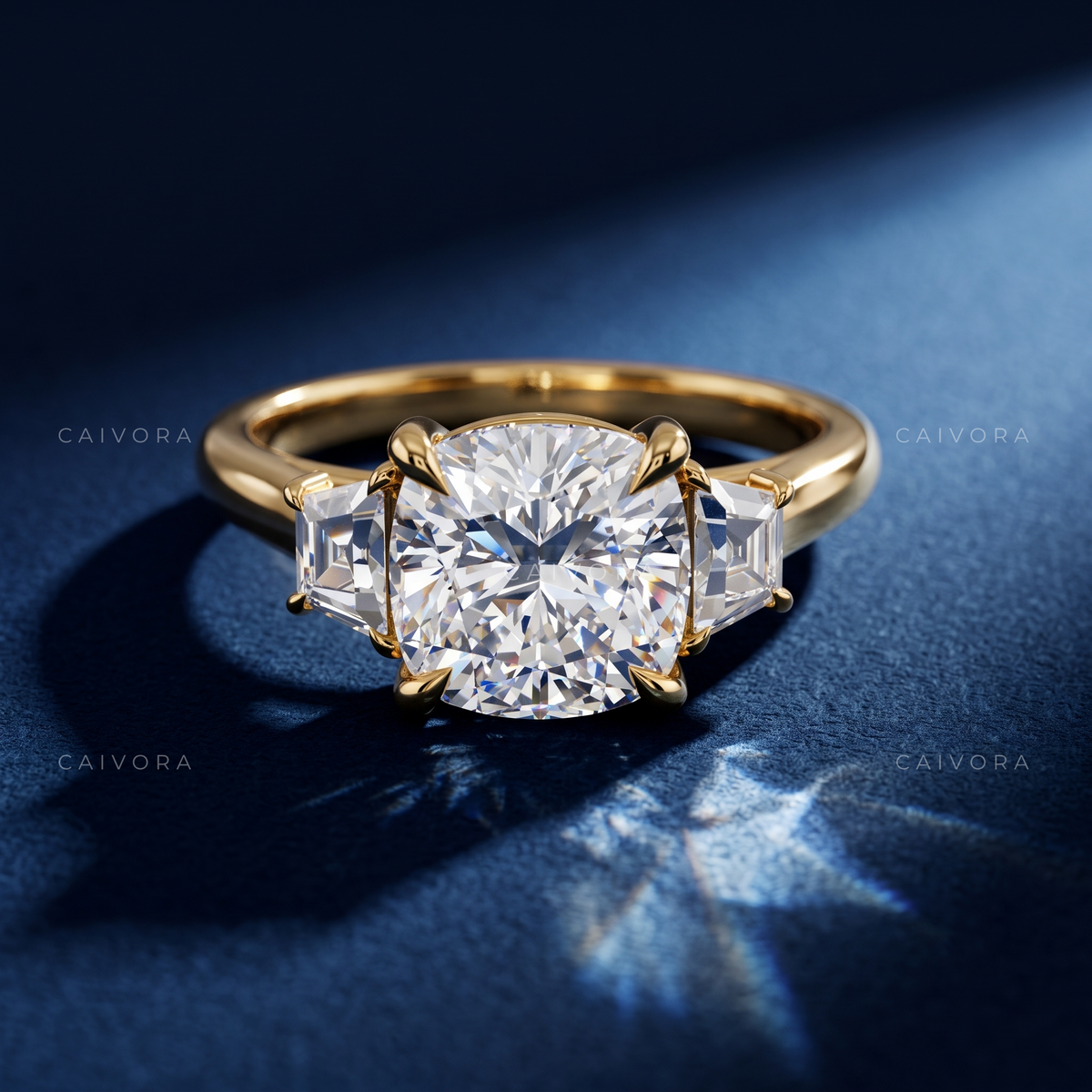 Timeless Three Stone Engagement Ring with Cushion Diamond & Trapezoid Accents