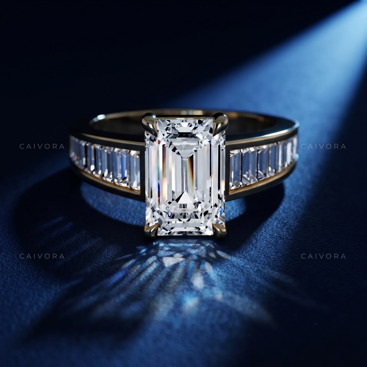 Emerald Cut Channel Setting Engagement Ring with Baguette Accents