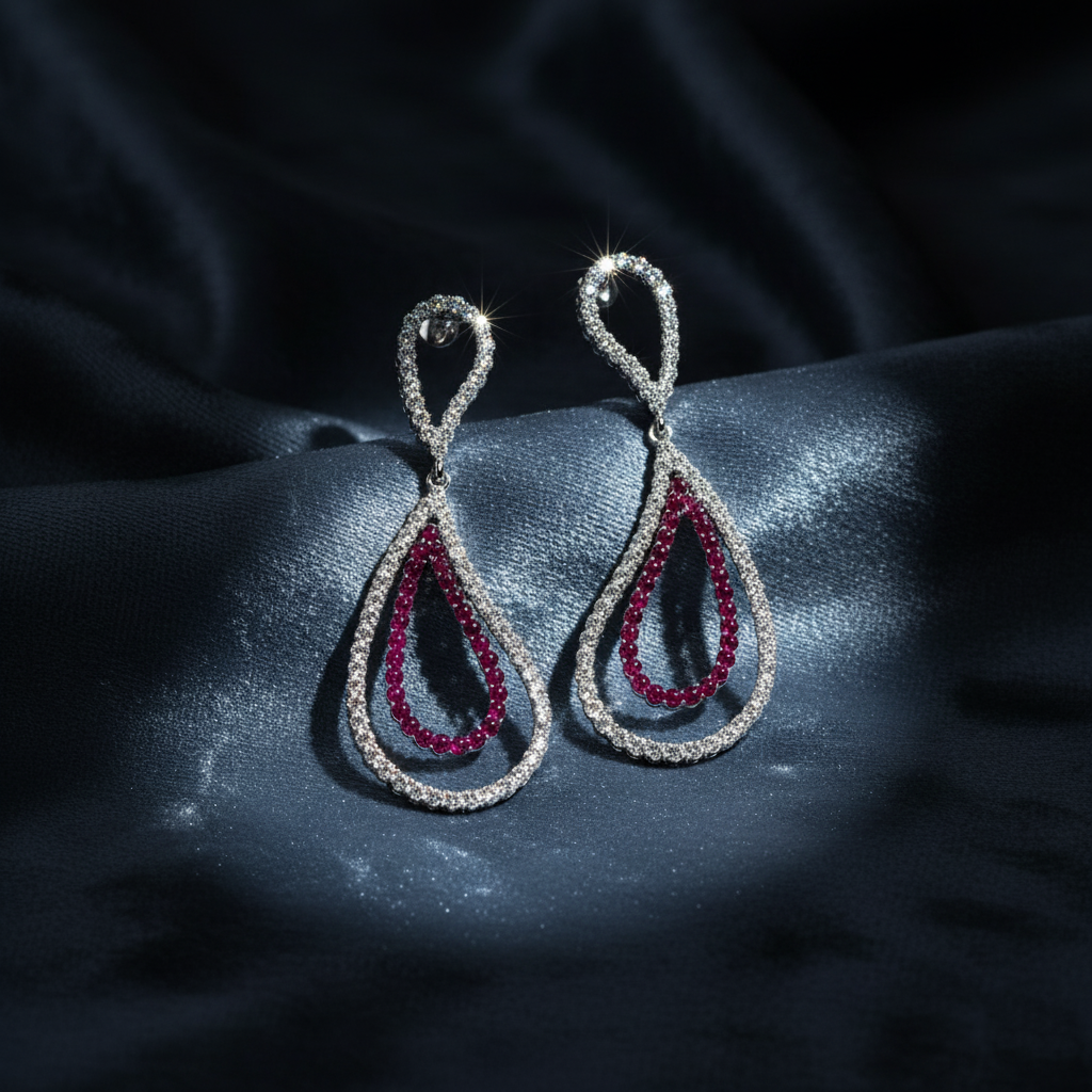 Luxury Ruby and Diamond Curved Dangle Earrings