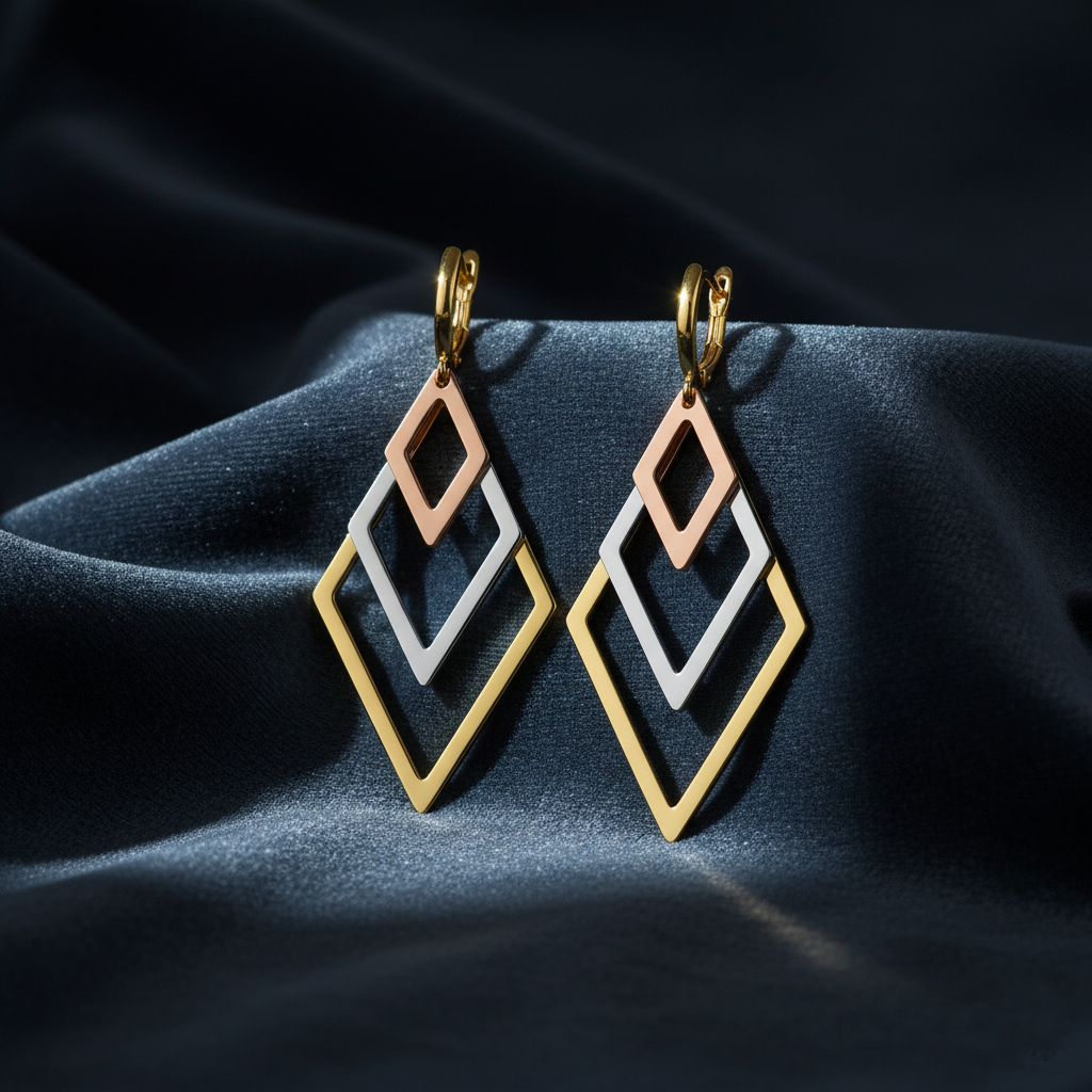 Modern Tri-Color Diamond Shape Hoops