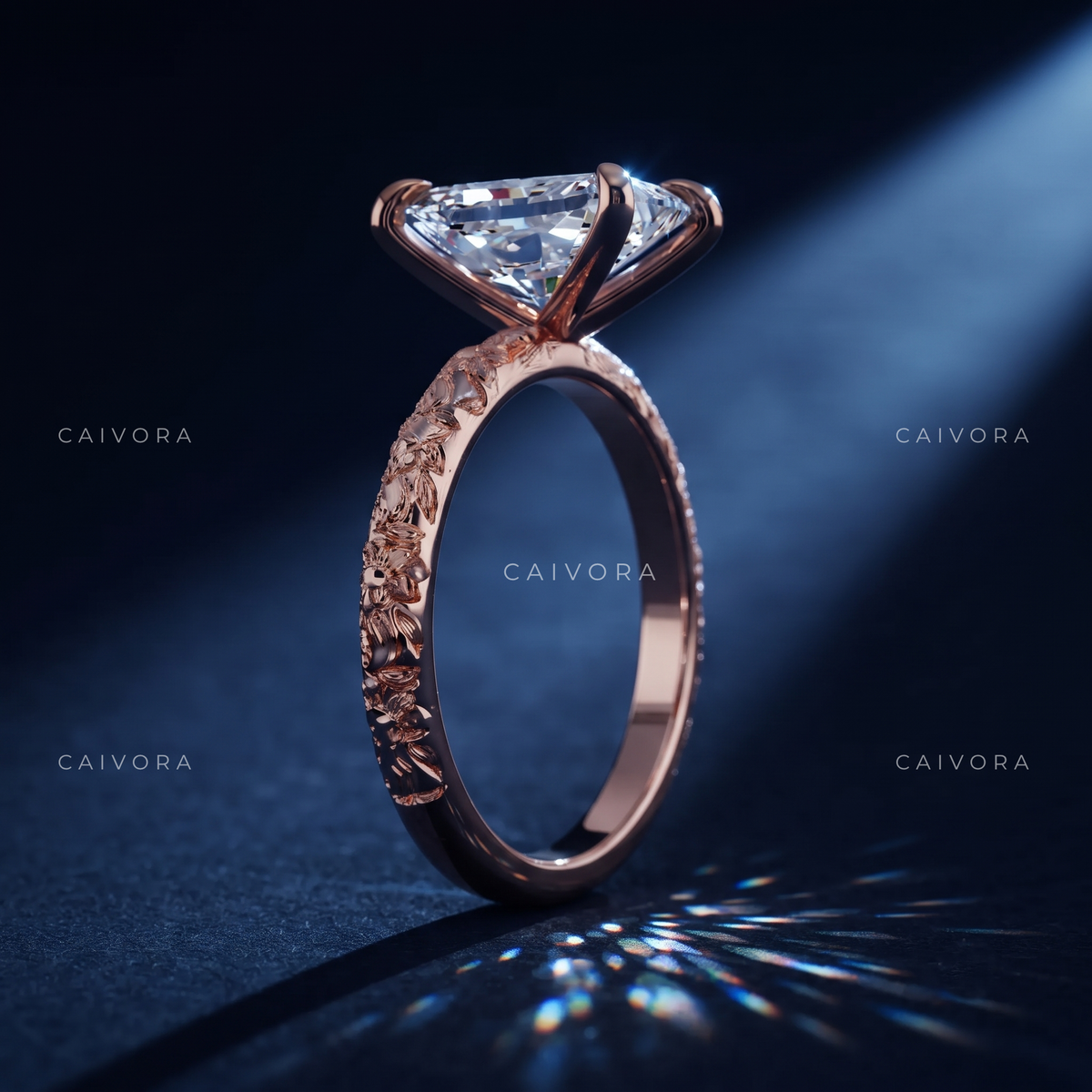 Radiant Cut Engraved Floral Solitaire Engagement Ring