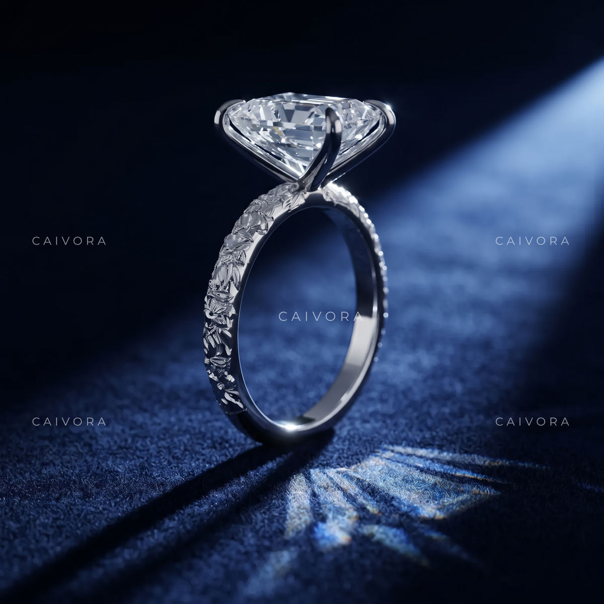 Emerald Cut Floral Engraved Solitaire Engagement Ring