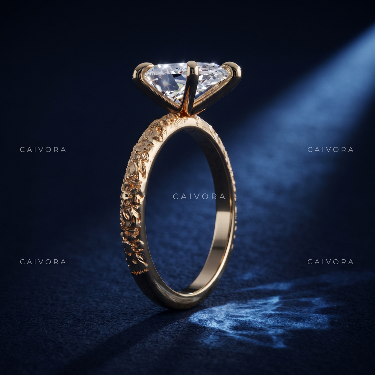 Pear Cut Vintage Floral Engraved Solitaire Engagement Ring
