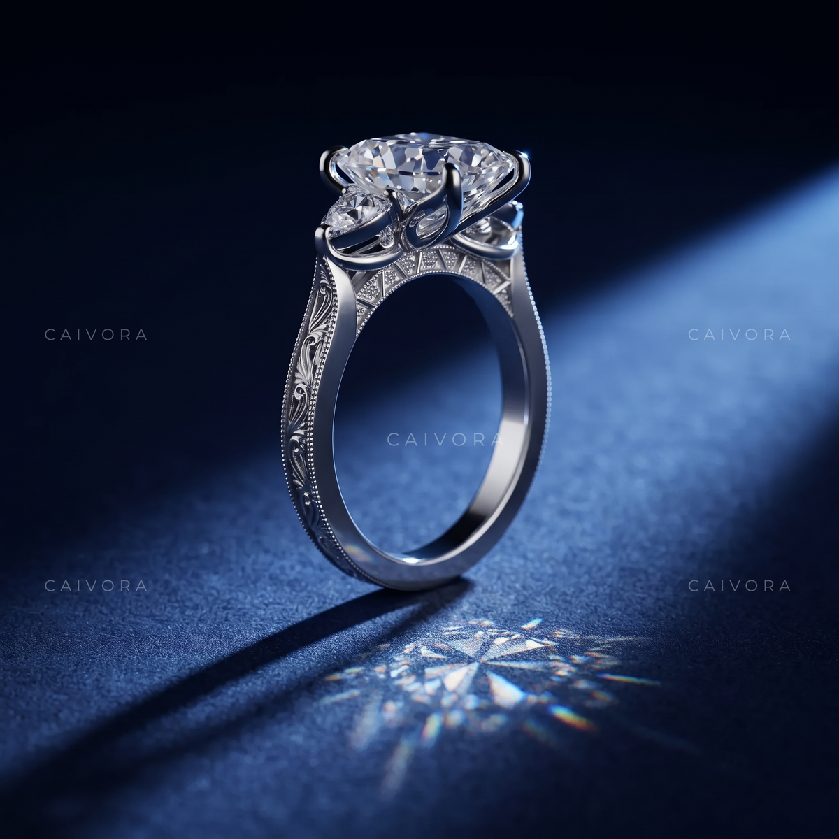 Emerald Cut Tulip Setting Engagement Ring with Diamond Accents