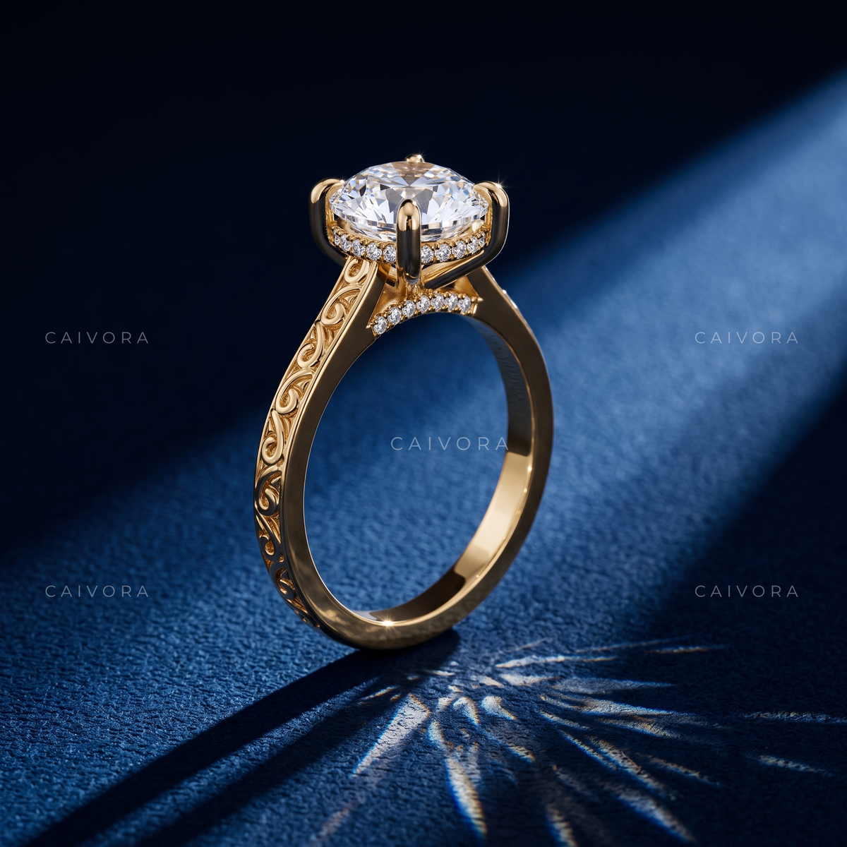 Cushion Cut Diamond Architectural Engagement Ring with Round Accents