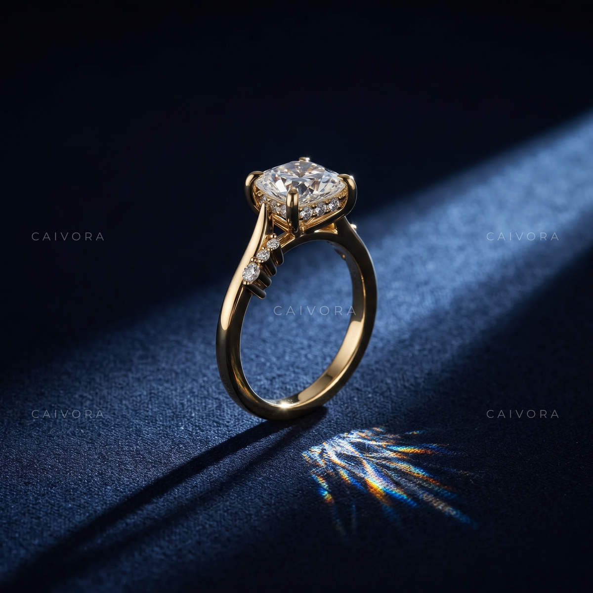 Modern Hidden Halo Engagement Ring Featuring a Hexagon Cut Diamond