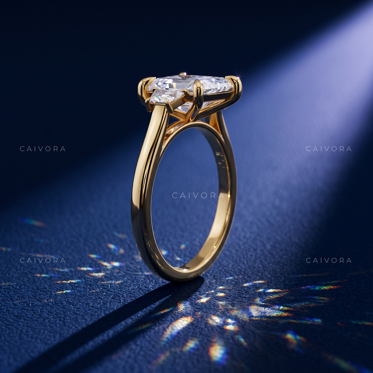 Modern Three Stone Engagement Ring with Hexagon Diamond & Trapezoid Accents