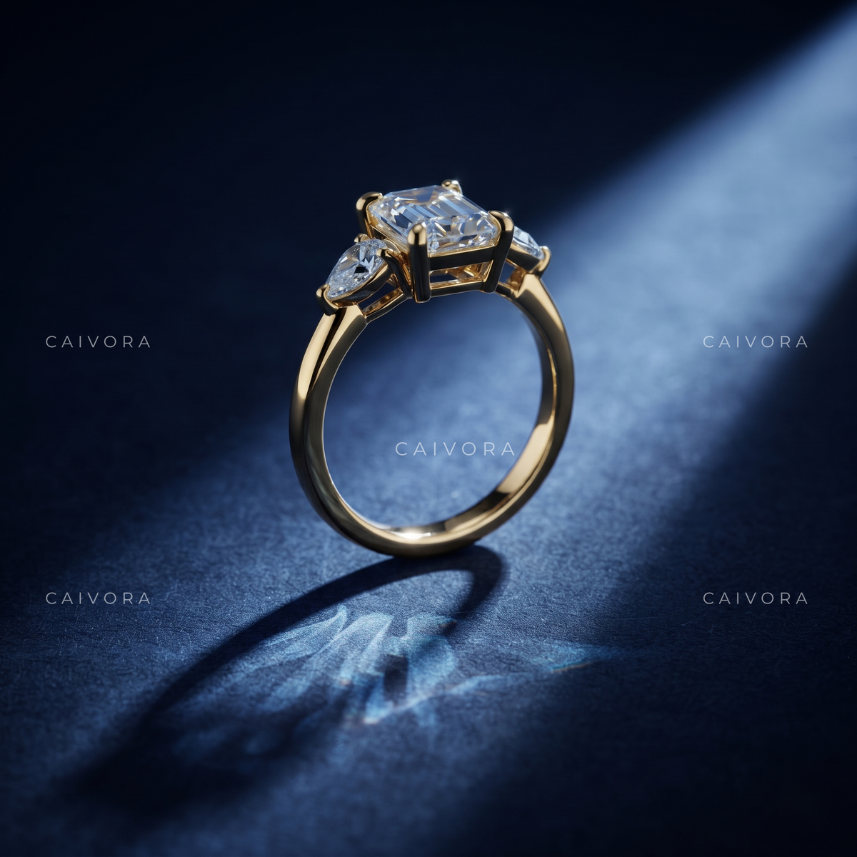 Geometric Three Stone Engagement Ring with an Asscher Cut Center Diamond