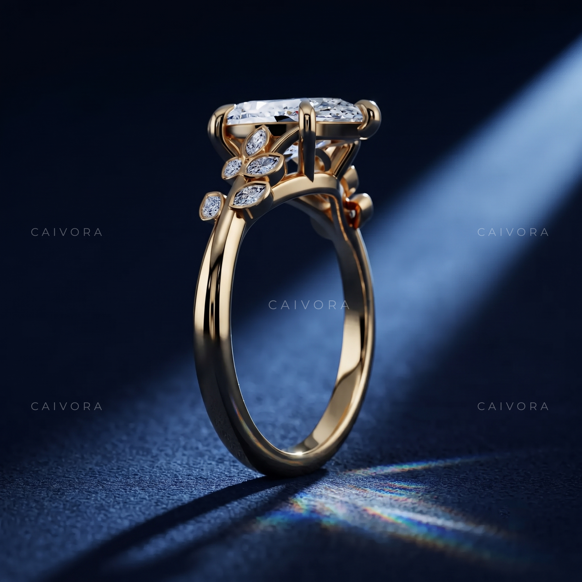 Pear Shaped Diamond Floral Engagement Ring with Marquise Accents