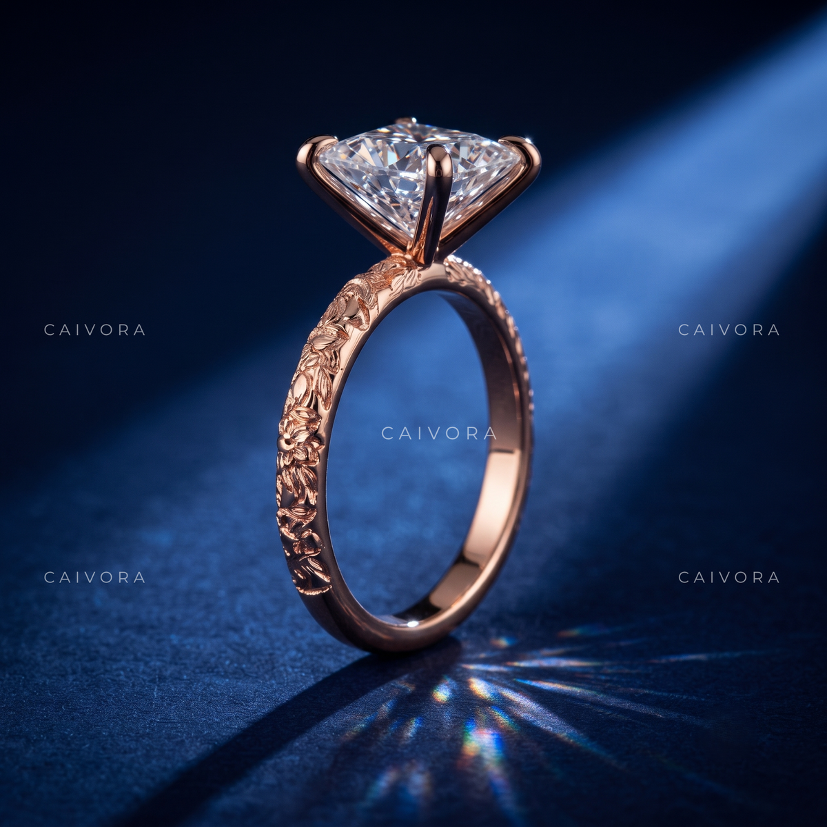 Princess Cut Floral Engraved Solitaire Engagement Ring
