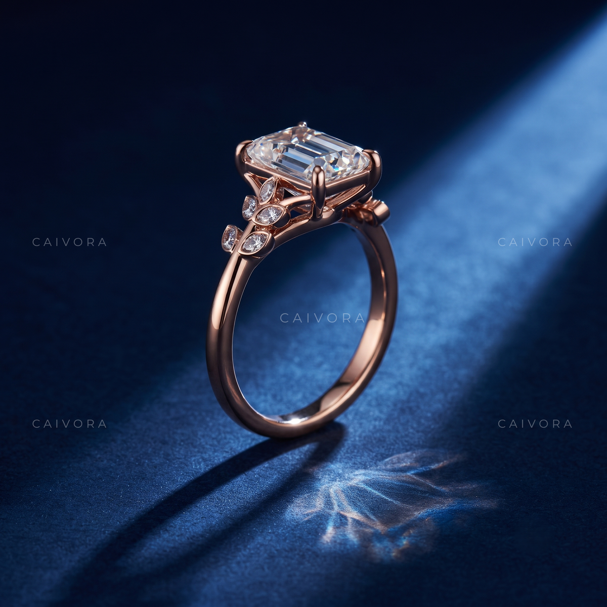 Emerald Cut Floral Engagement Ring with Marquise Accents