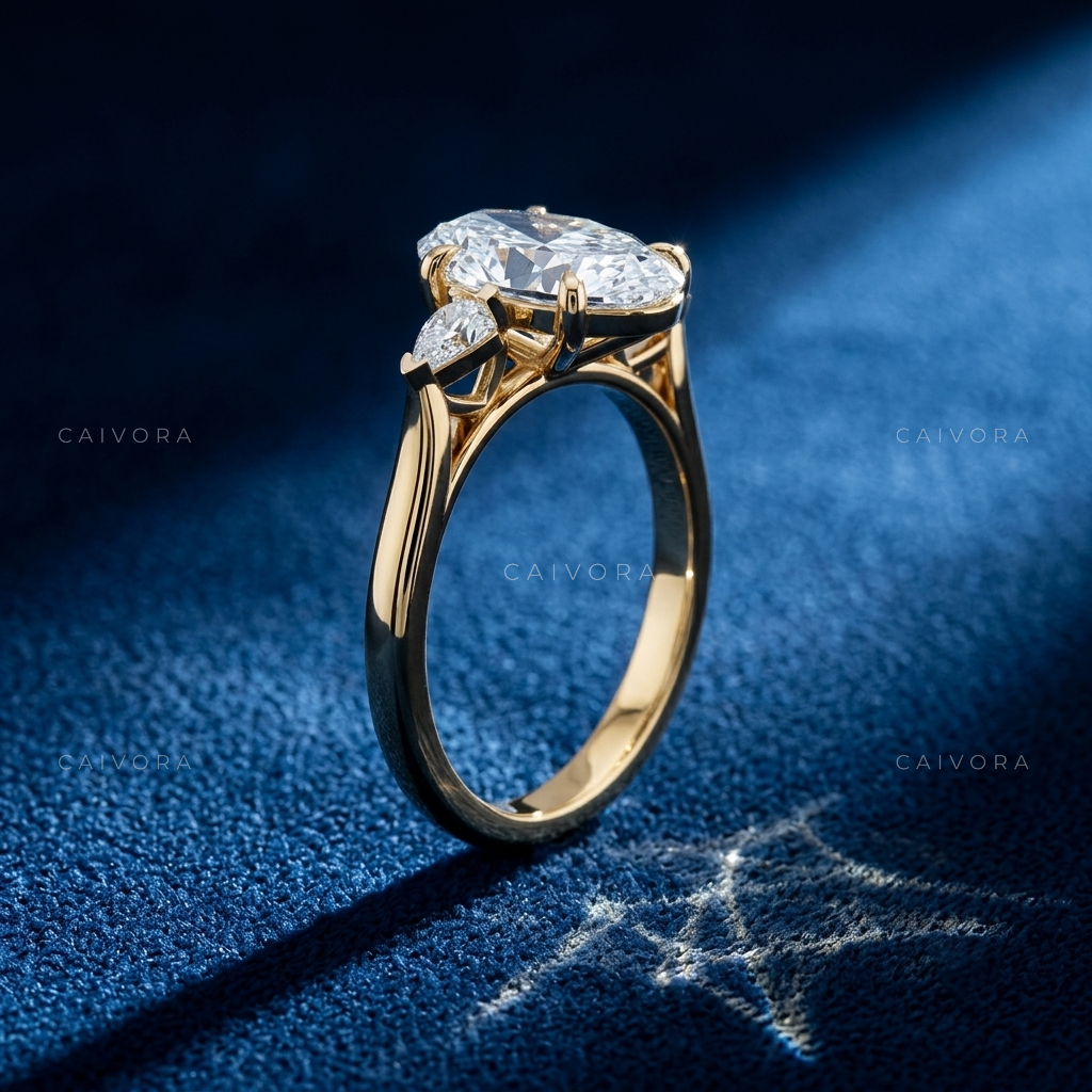 Refined Three Stone Engagement Ring with Moval Diamond & Kite Accents