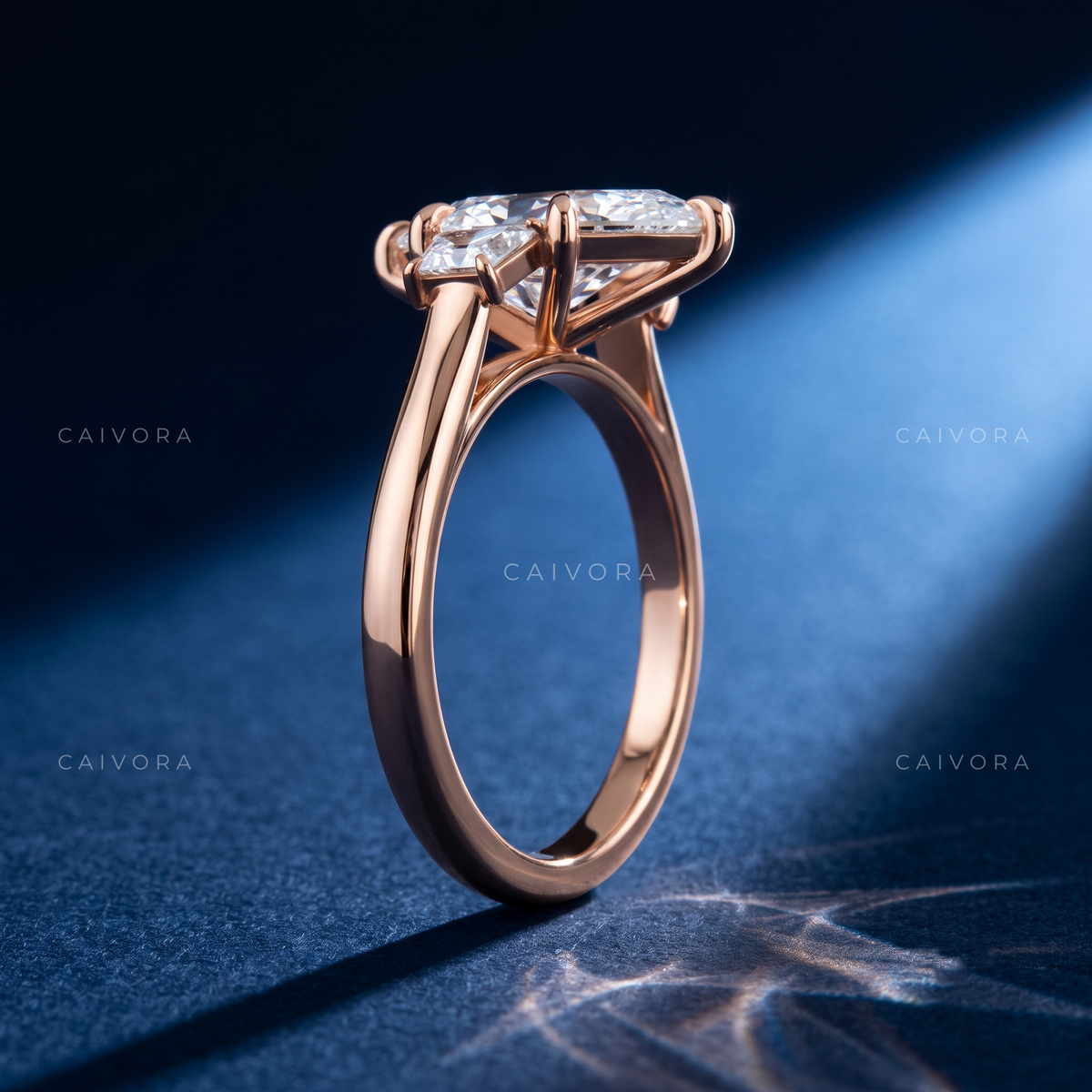 Refined Three Stone Engagement Ring with Dutch Marquise Center & Trapezoid Accents