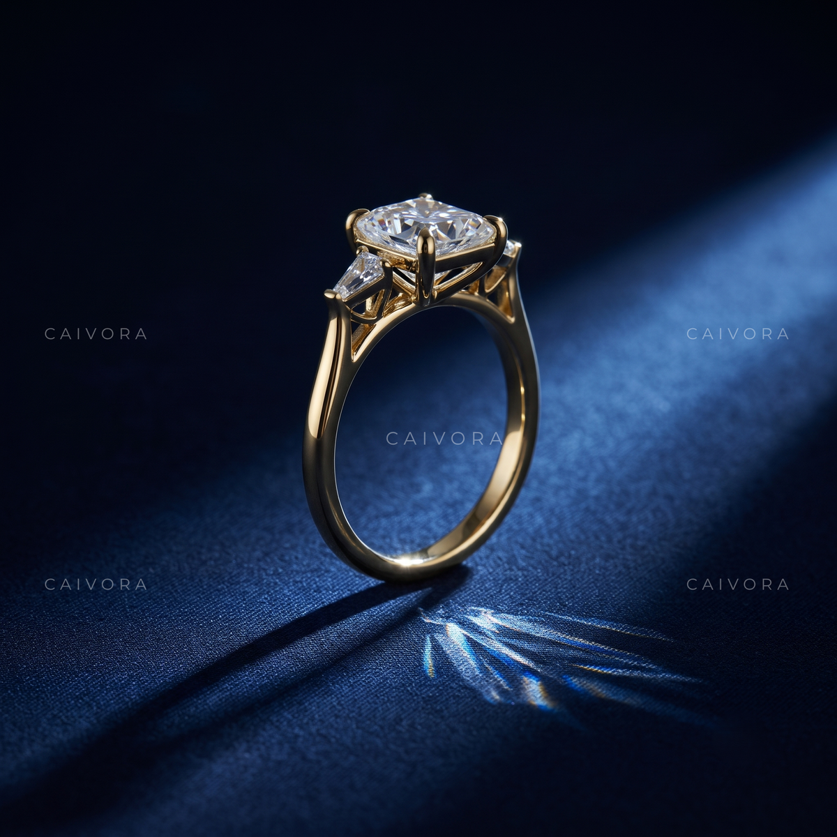 Modern Three Stone Engagement Ring with Asscher Diamond & Kite Accents
