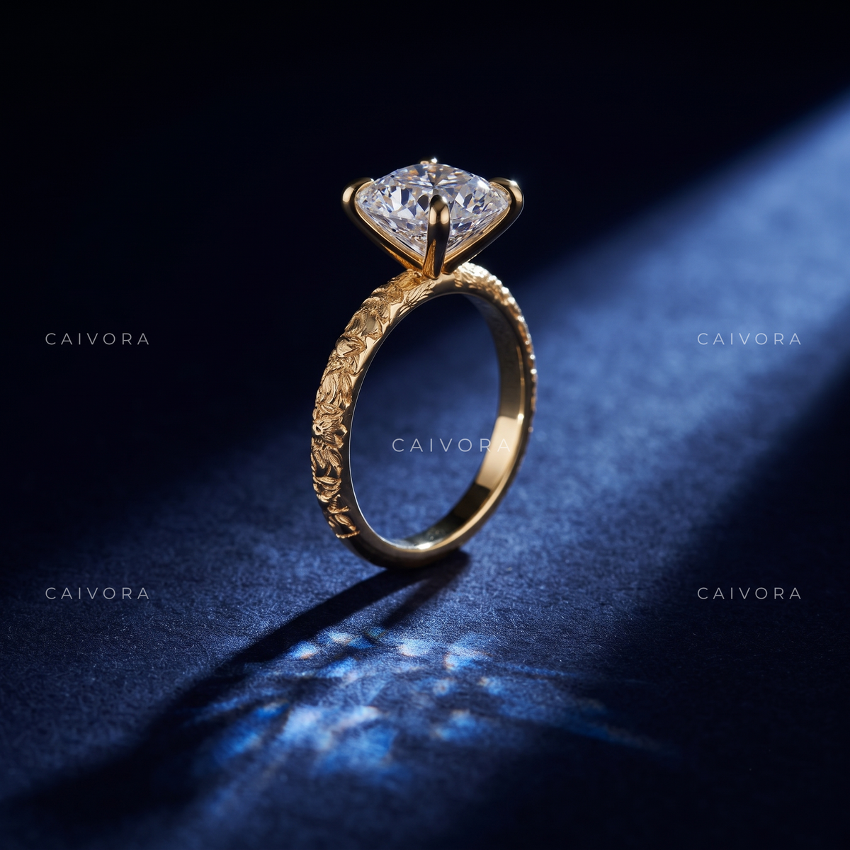 Cushion Cut Floral Motif Solitaire Engagement Ring