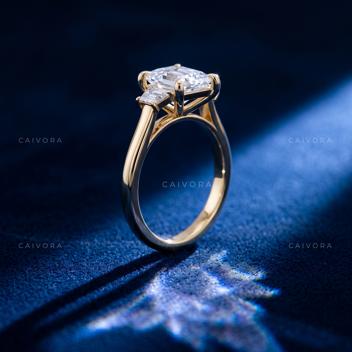 Modern Three Stone Engagement Ring with Princess Diamond & Trapezoid Accents