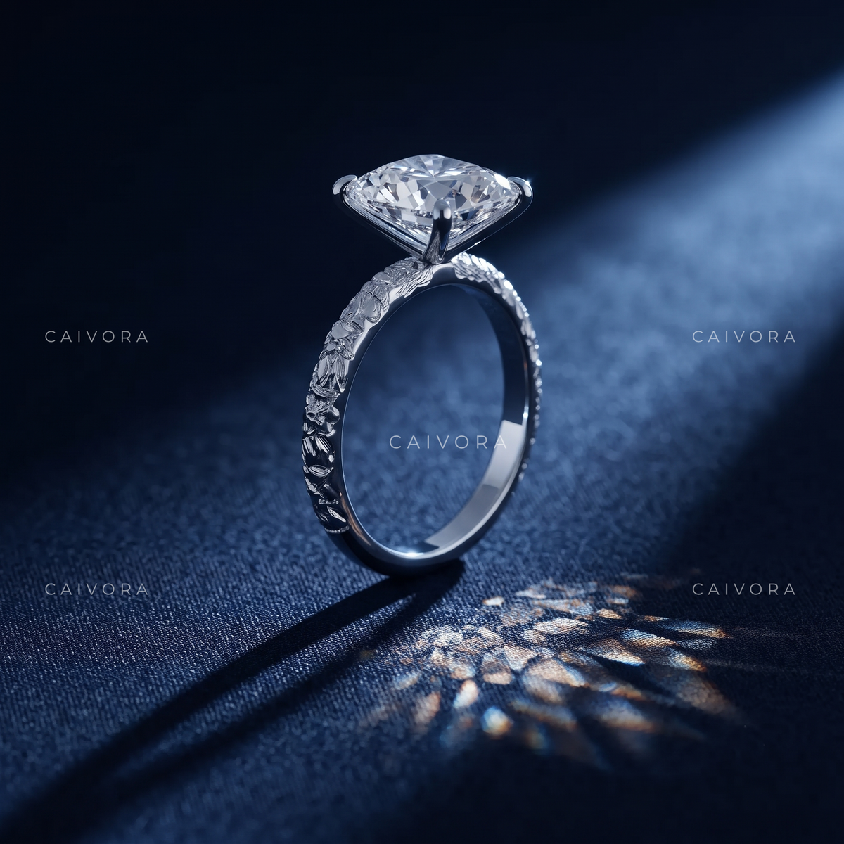 Elongated Cushion Cut Floral Solitaire Engagement Ring
