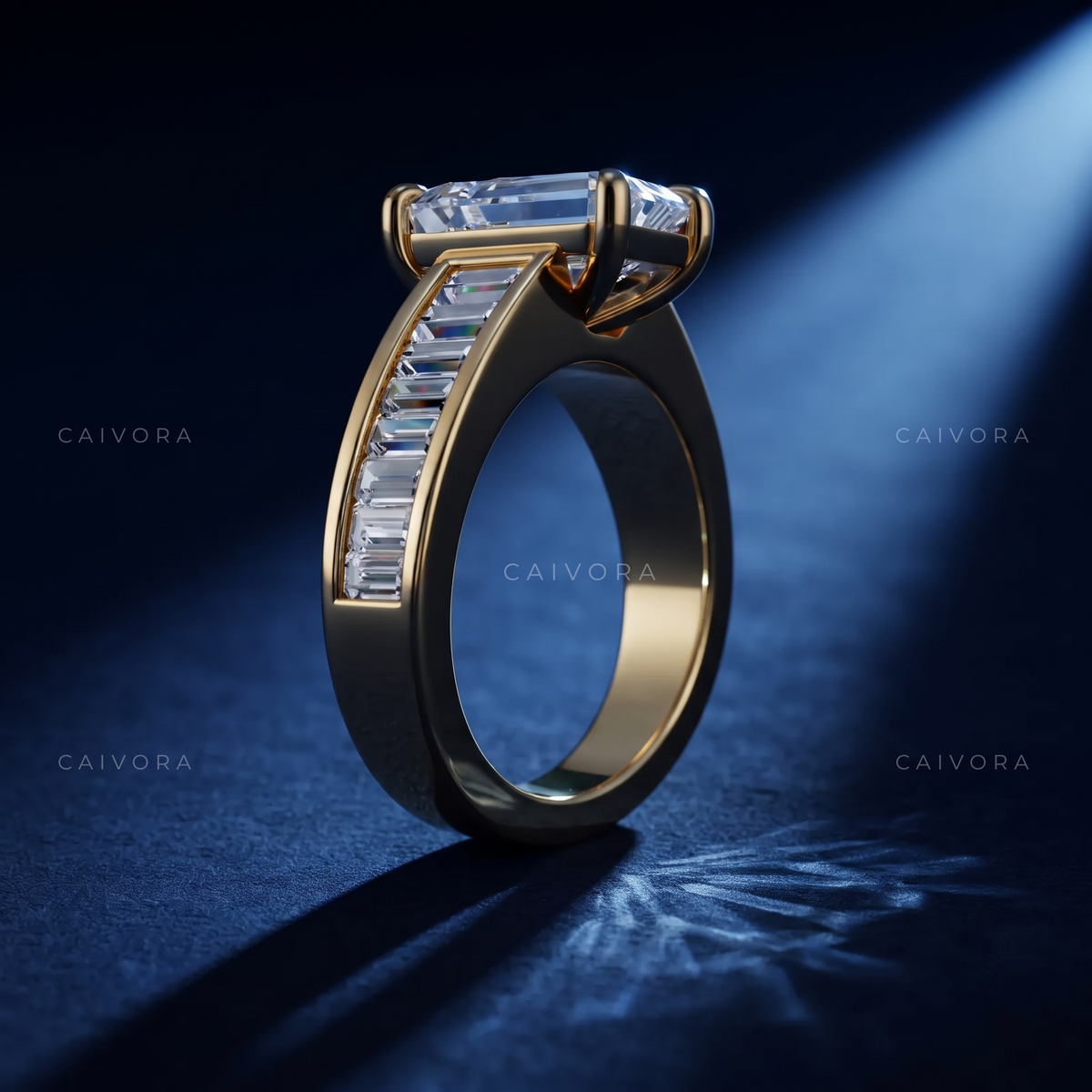 Emerald Cut Channel Setting Engagement Ring with Baguette Accents