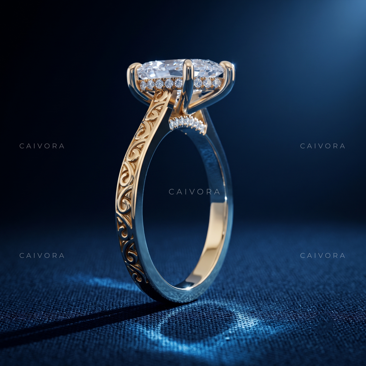 Pear Shaped Diamond Architectural Engagement Ring with Round Accents