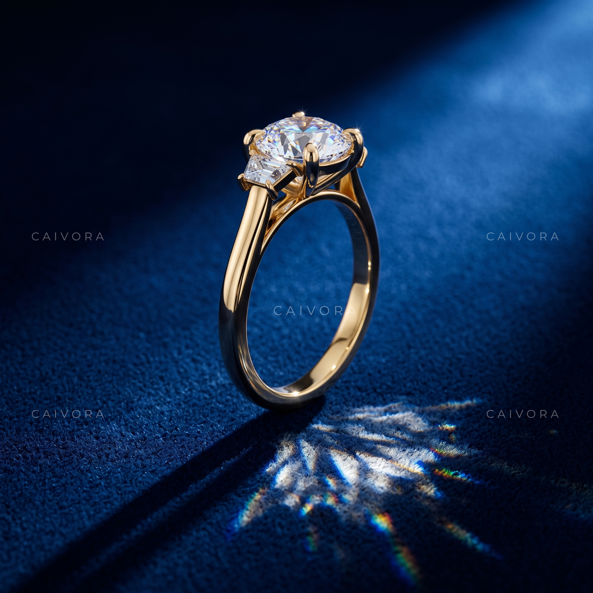 Classic Three Stone Engagement Ring with Round Diamond & Trapezoid Accents