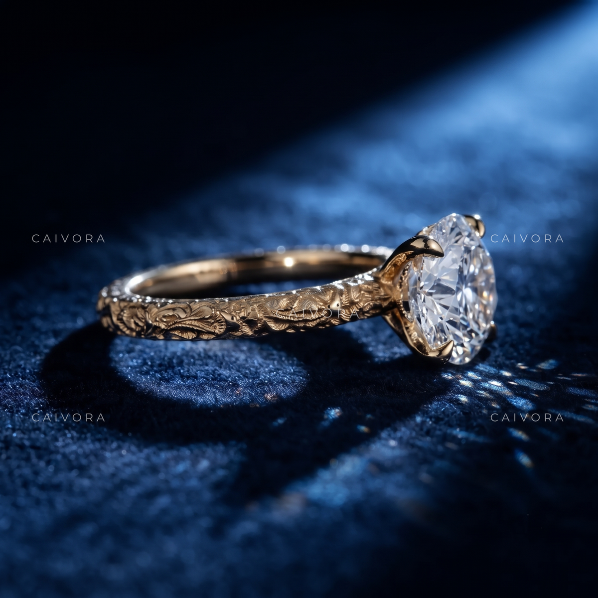 Portuguese Cut Vintage Engraved Solitaire Engagement Ring