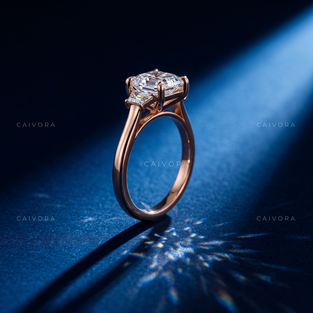 Vintage Inspired Three Stone Engagement Ring with Asscher Diamond & Trapezoid Accents