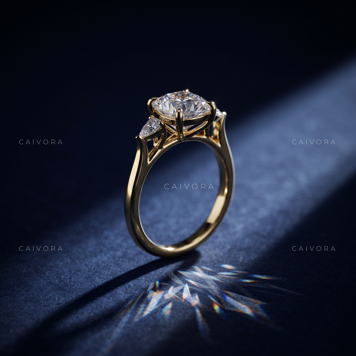 Refined Three Stone Engagement Ring with Cushion Diamond & Kite Accents