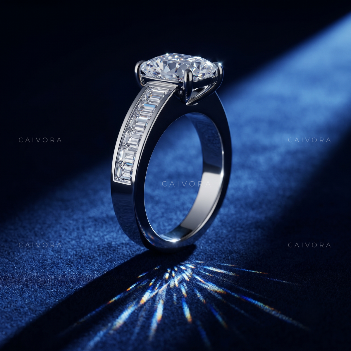 Cushion Cut Channel Setting Engagement Ring with Baguette Accents