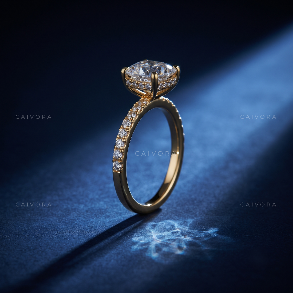 Cushion Cut Diamond Engagement Ring with Hidden Halo