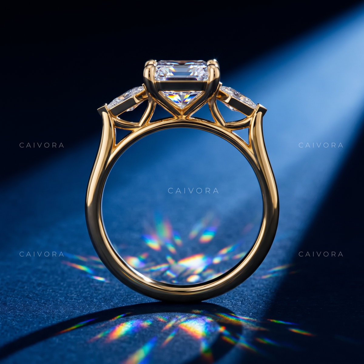 Modern Three Stone Engagement Ring with Radiant Diamond & Kite Accents